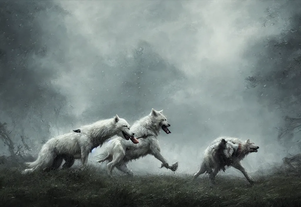 Image similar to a large white wolf fighting a knight, artstation, jakub rozalski, high detail, dramatic lighting, night, rain
