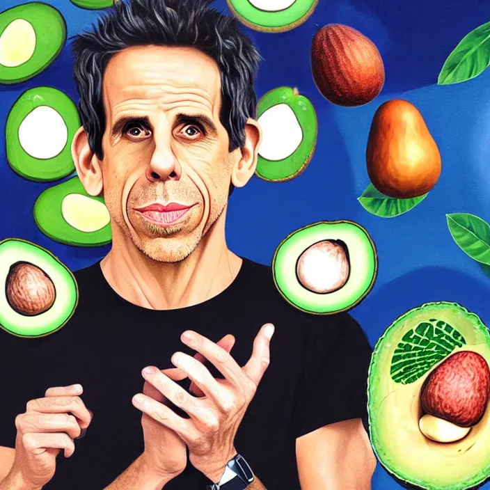 Prompt: ultra realistic illustration of ben stiller in the shape of an a ocado, centered, double exposure, in the lotus position meditating with closed eyes, balancing stack of avocado, symmetrical, beautiful painting