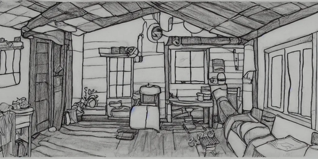 Prompt: studio Ghibli, the interior of a small cottage, black and white drawing