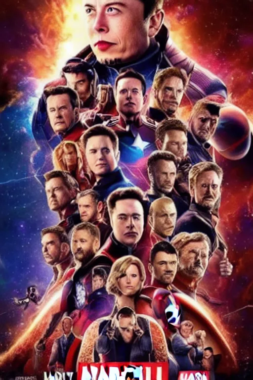 Prompt: a marvel movie poster where all of the faces are of elon musk