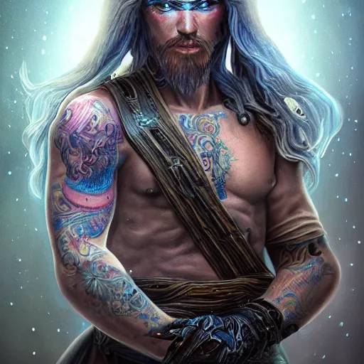 Image similar to a WLOP 3d render of Very very very very highly detailed beautiful mystic portrait of a phantom warrior with galaxy, tattoos by Anton Pieck, intricate, extremely detailed, digital painting, artstation, concept art, smooth, sharp focus, illustration, intimidating lighting, incredible art,