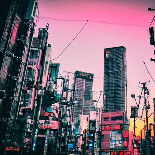 Prompt: tokyo cyberpunk futuristic, full of robots, sunset surreal