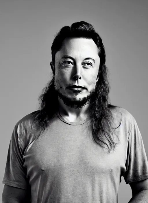 Prompt: A black and white, high contrast portrait of Elon Musk. He has very long hair and a beard. Looks like an old hippie