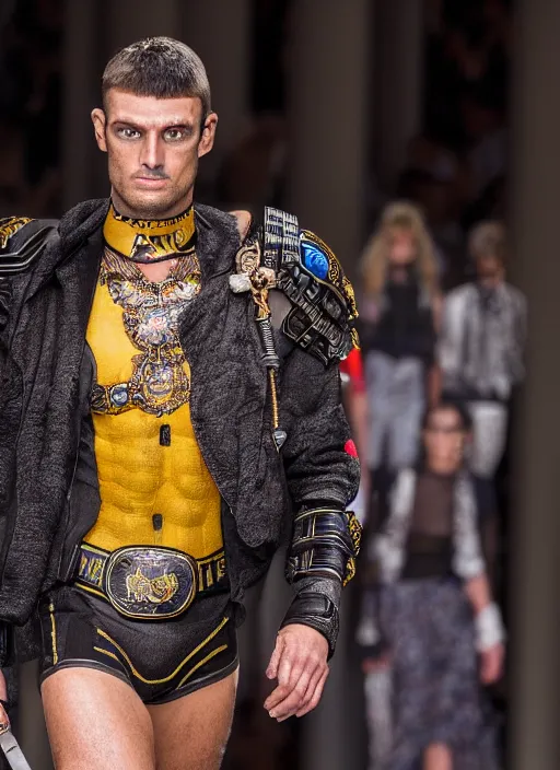 Image similar to hyperrealistic and heavy detailed versace runway show of judge dredd, leica sl 2 5 0 mm, vivid color, high quality, high textured, real life 8 k