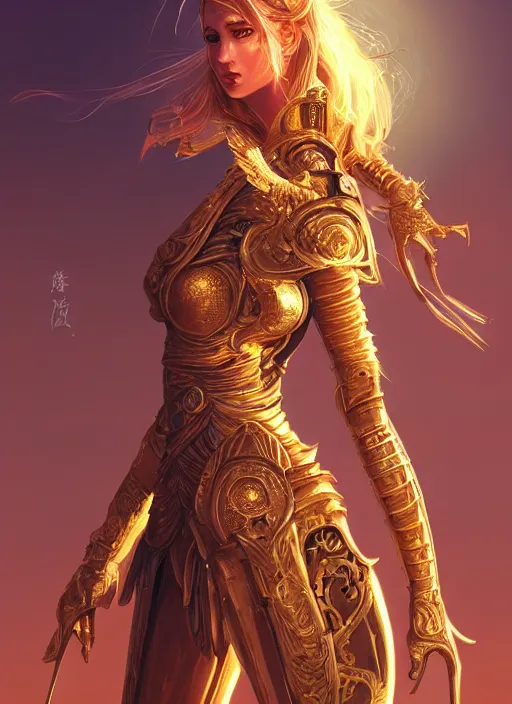 Image similar to portrait knights of zodiac girl, golden and copper shining armor, in ruined agora of athens sunrise, ssci - fi and fantasy, intricate and very very beautiful and elegant, highly detailed, digital painting, artstation, concept art, smooth and sharp focus, illustration, art by ilya kuvshinov and tian zi and wlop and z - - ed