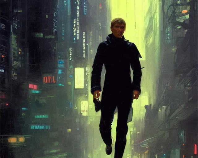 Image similar to 2 0 1 8 blade runner movie young man young clint eastwood in his youth look at the cityscape from roof perfect face fine realistic face pretty face reflective polymer suit tight neon puffy jacket blue futuristic sci - fi elegant by denis villeneuve tom anders zorn hans dragan bibin thoma greg rutkowski ismail inceoglu illustrated sand storm alphonse mucha