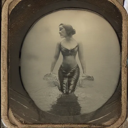 Image similar to underwater tintype photo of swimming mermaid