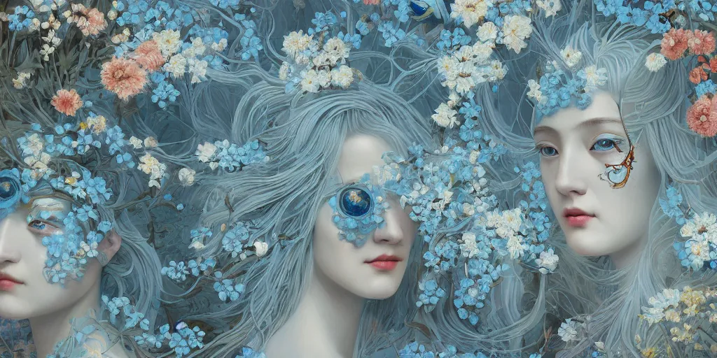 Image similar to breathtaking detailed concept art painting art deco pattern of blonde faces goddesses amalmation light - blue flowers with anxious piercing eyes and blend of flowers and birds, by hsiao - ron cheng and john james audubon, bizarre compositions, exquisite detail, extremely moody lighting, 8 k