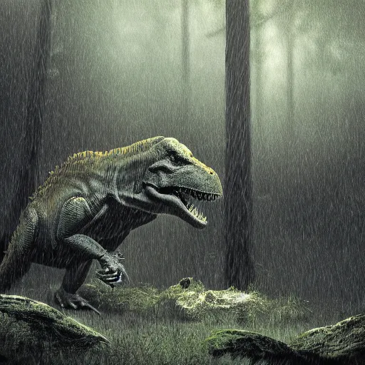 indominus rex attacking soldiers in rainy forest, Stable Diffusion