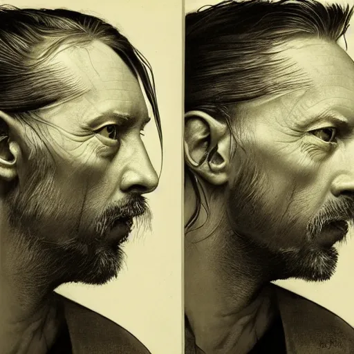 Prompt: collages, hyper realistic, many variations portrait of very old thom yorke, face variations, singer songwriter, ( side ) profile, liminal space, by lee bermejo, alphonse mucha and greg rutkowski, greybeard, smooth face