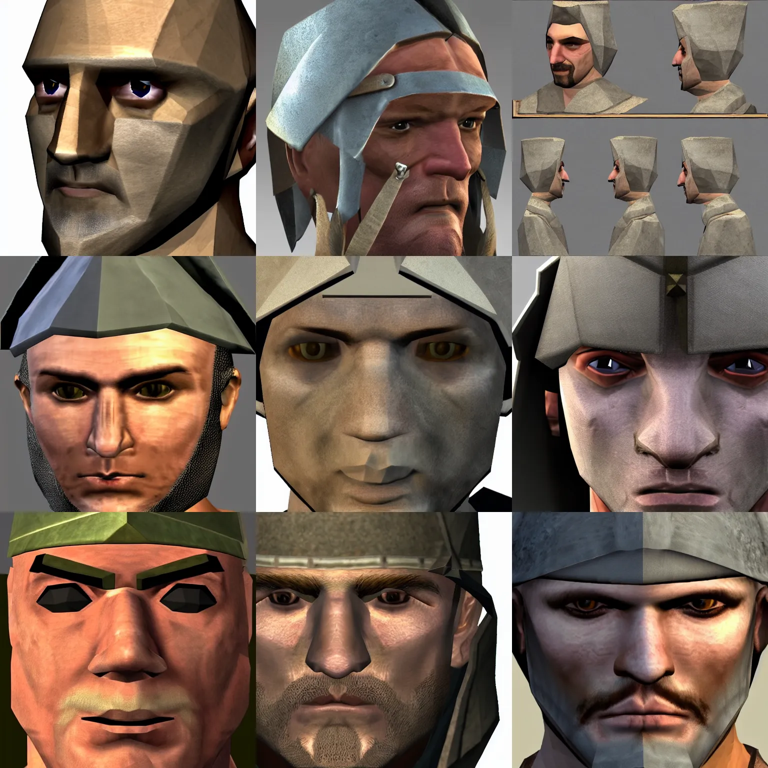 Prompt: close-up of a low-poly character's face in Mount & Blade: Warband (2010), aliasing, low resolution textures, shading off, lowest graphics settings.