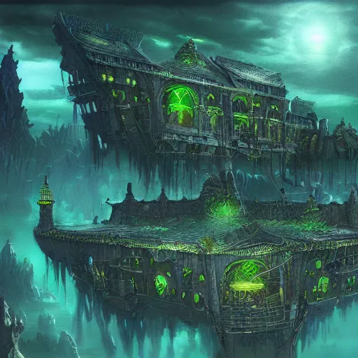 Prompt: massive underwater palace made of glowing green crystals in the moonlight, high fantasy, matte painting, dark and gloomy, concept art