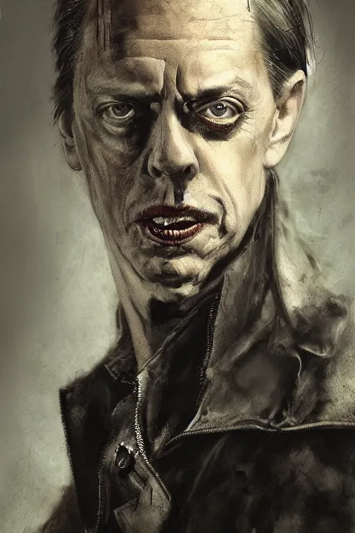 Image similar to Steve buscemi as a young man, shaved head, punk, tattered leather coat, intricate, elegant, dramatic lighting, highly detailed, lifelike, photorealistic, digital painting, artstation, illustration, concept art, smooth, sharp focus, art by John Collier and Albert Aublet and Krenz Cushart and Artem Demura and Alphonse Mucha