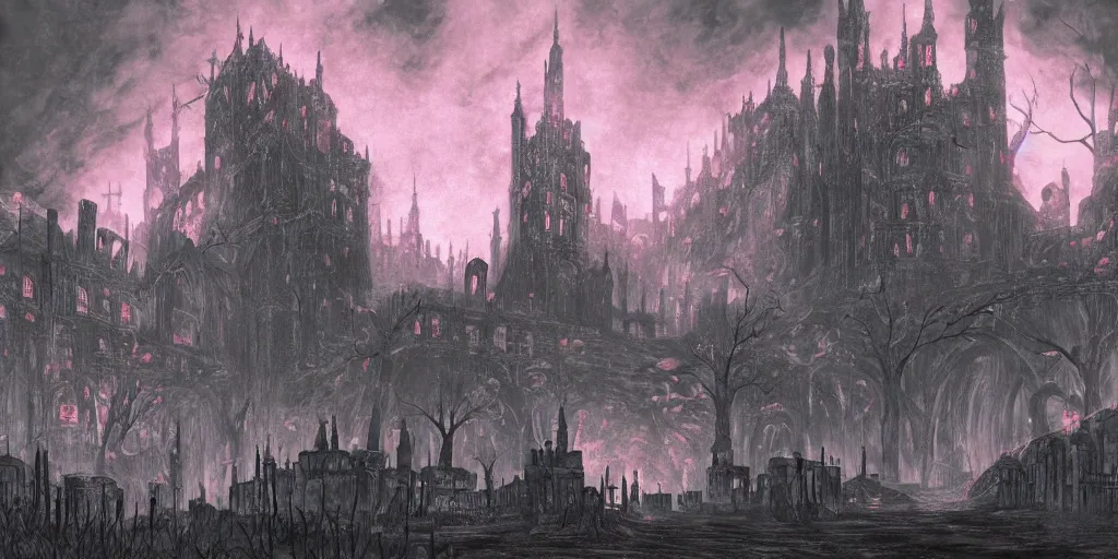 Prompt: landscape of a outer furnace by lisa frank, as a bloodborne environmen