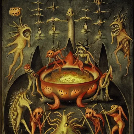 Prompt: monsters consumed transformed transmutation in a fiery alchemical cauldron, painted by bosch hell creatures