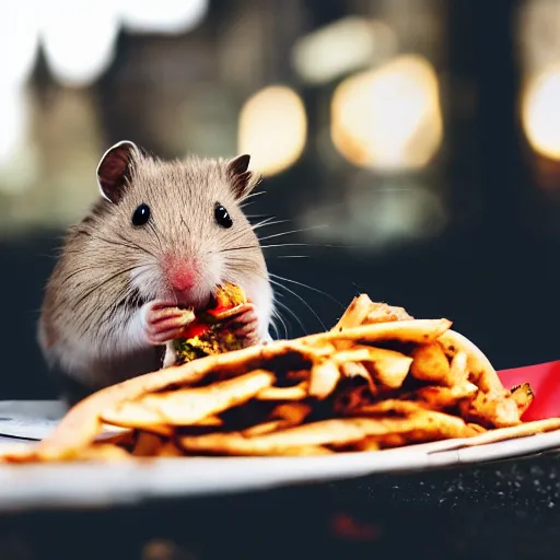 Image similar to detailed photo of a hamster eating a kebab, outdoors, various poses, full body, daylight, 8 k