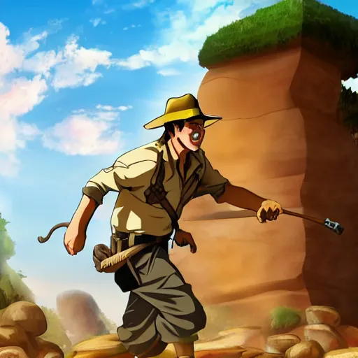 Image similar to Indiana Jones being chased by a boulder trap, boulder chase, underground sandstone temple background, giant round stone chasing Indiana Jones, raiders of the lost ark, detailed background, anime key visual