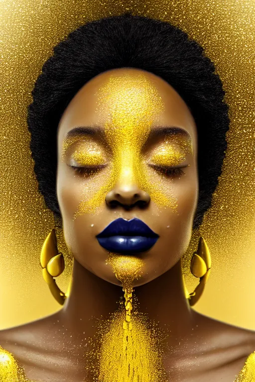 Prompt: hyperrealistic modern cinematic very expressive! black oshun goddess, in water up to her shoulders, mirror dripping droplet!, gold flowers, highly detailed face, digital art masterpiece, smooth eric zener cam de leon, dynamic pearlescent teal light, tilt angle uhd 8 k, sharp focus