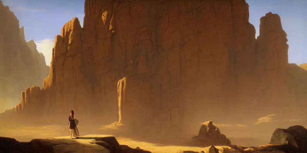 Image similar to a young girl stands next to a rock colossus, shadow of the colossus, in front of a temple, in a large desert cave, dramatic lighting, hudson river school