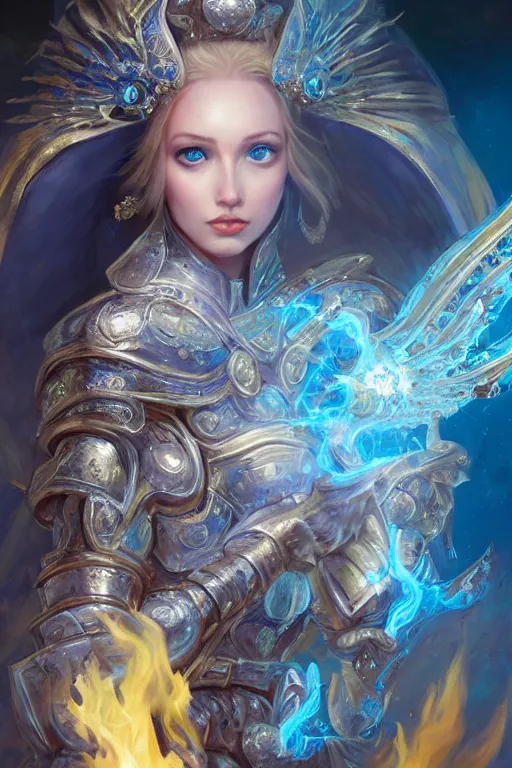 Image similar to beautiful princess with face covered with fire, king sorcerers, ornate, blue and silver, armor, robes, diamonds, angel, fantasy, yellow background beam, dramatic lighting, highly detailed, digital painting, magic the gathering, 3 d render, hyper realistic detailed portrait, peter mohrbacher, wlop, ruan jia