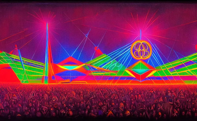 Image similar to geometric neon painting of tomorrowland by hieronymus bosch
