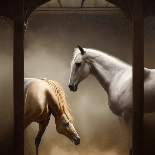 Prompt: a stunning ultra realistic painting of horses diffused into one another inside a stable by tom bagshaw, 24mm lens, 4k