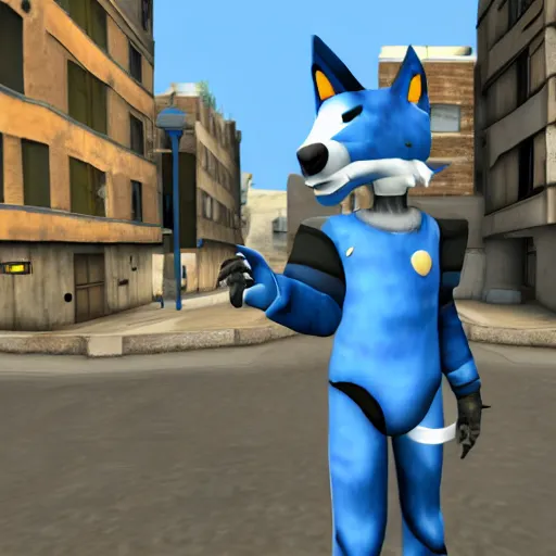 Prompt: furry anthro digital video game screenshot source engine of an anthropomorphic wolf with white fur wearing blue uniform standing in an alley city 17 in background from half life 2