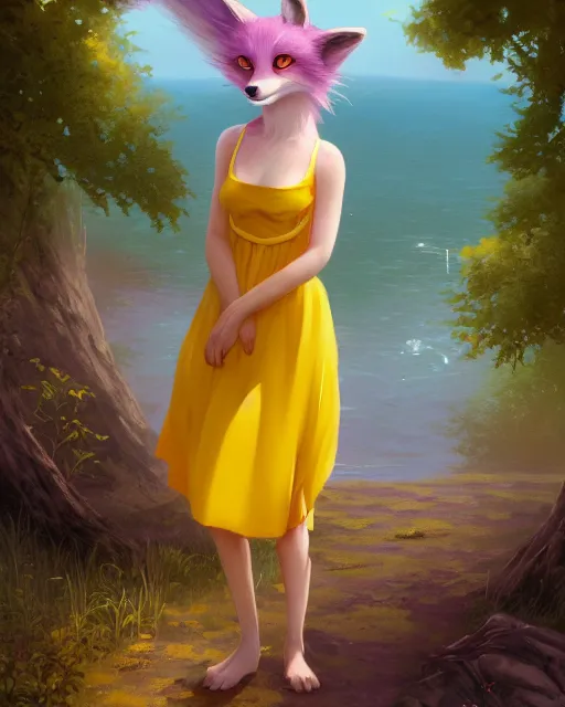 Image similar to an anthropomorphic fox girl wearing a simple yellow sundress, she has purple hair and two pointed black ears, beautiful lake background, illustration by greg rutkowski, thomas kindkade, loish, artstation, furaffinity, deviantart