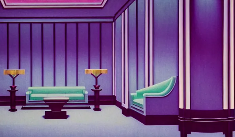 Image similar to a beautiful, sharp focus, clean lines. the interior of a 1 9 4 0 s art deco luxury hotel lobby. vaporwave ombre rendering. outrun style. trending on artstation. recommended for you behance. wes anderson colors. by chris moore. by edward hopper. ambient occlusion. digital matte painting. metropolis filmic. gotham city.