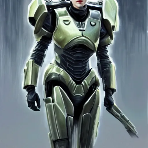 Prompt: A combination of Grace Kelly's and Emma Watson's and Ashley Greene's appearances with blonde hair wearing Master Chief's armor, full body portrait, futuristic, dramatic, fantasy, intricate, elegant, highly detailed, digital painting, artstation, concept art, matte, sharp focus, illustration, art by Donato Giancola and James Gurney
