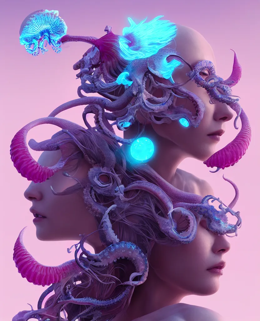 Image similar to goddess close - up portrait, ram skull, squid phoenix jellyfish, orchid, betta fish, bioluminiscent, intricate artwork by tooth wu and wlop and beeple. octane render, trending on artstation, greg rutkowski very coherent symmetrical artwork. cinematic, hyper realism, high detail, octane render, 8 k