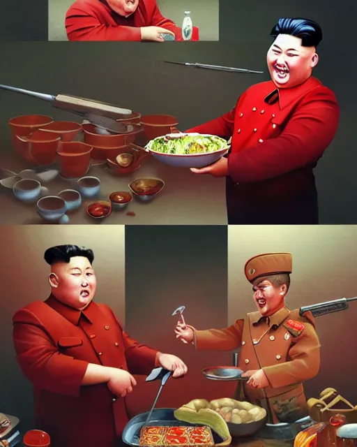 Image similar to kim jong un as a friendly cook. 1 9 8 0 s dystopian soviet russia, propaganda screens. unreal engine, fantasy art by jesper ejsing. faithfully depicted facial expression, perfect anatomy global illumination, radiant light, detailed and intricate environment