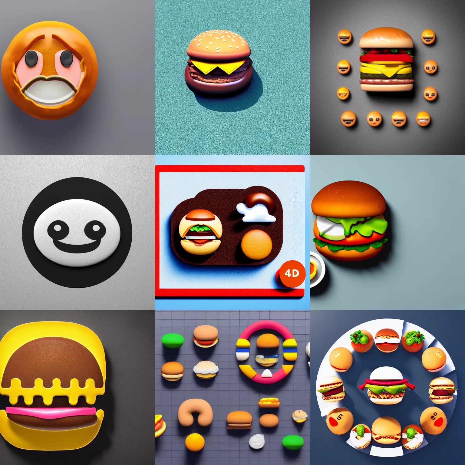 Prompt: Hamburger, emoji, icon, 3D clay render, octane render, 4k UHD, white background, isometric top down left view, diffuse lighting