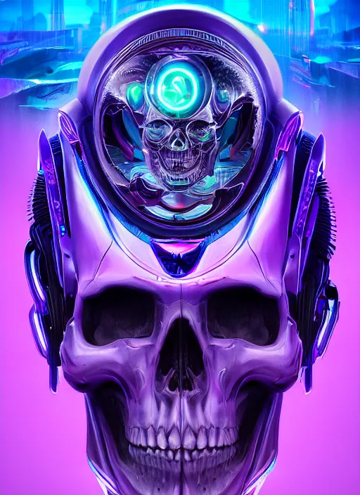 Prompt: album art of a futuristic skull with glowing eyes and a purple background, cyberpunk art by android jones, behance contest winner, computer art, darksynth, synthwave, rendered in cinema 4 d