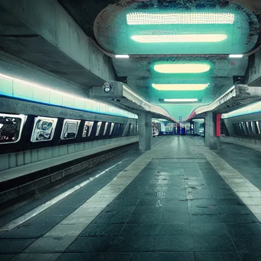 Image similar to a cyberpunk empty metro station with gak written on the wall, highly detailed, blade runner