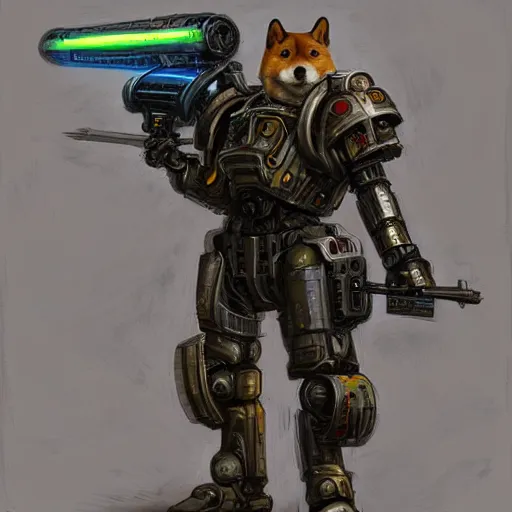 Prompt: cyborg anthropomorphic shiba inu warhammer 4 0 k emperor armor realistic scifi cyberpunk, holding scifi neon laser gatling gun portrait art by donato giancola and greg rutkowski, realistic face, digital art, trending on artstation, symmetry