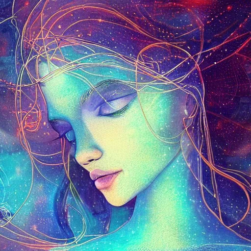 Image similar to beautiful detailed artistic portrait of a person travelling between different astral planes. the universe observing itself. grainy and rough. fine detail. soft colour scheme. artistic painting by lurid ( 2 0 2 2 ). featured on deviantart.