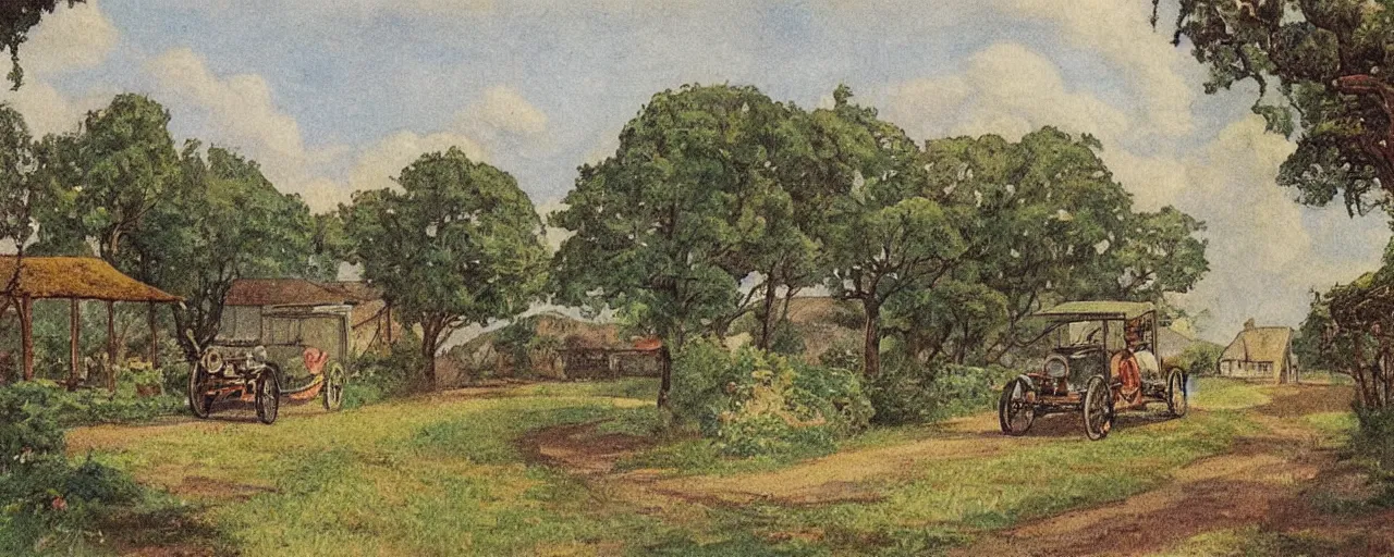 Prompt: 1920s country lane with an automobile By Charles Maurice Detmold