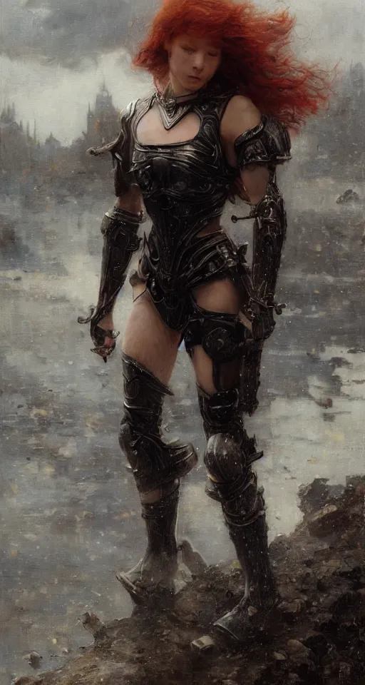 Image similar to short muscular redhead young woman wearing black medieval armour, bare legs, detailed, by gaston bussiere, bayard wu, greg rutkowski, giger, maxim verehin, greg rutkowski, masterpiece, sharp focus, cinematic lightning