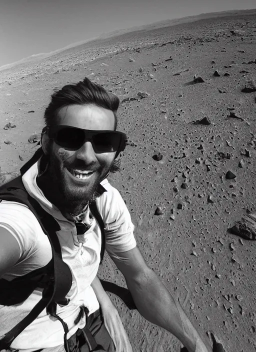 Prompt: Gigachad takes a selfie on Mars, smiling, no helmet, black and white