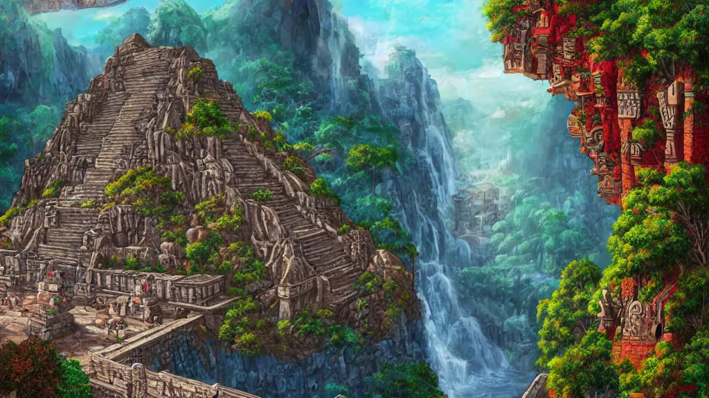 Prompt: ancient aztec city built into a cliff face, waterfall cutting the city in half, lovely colors, art station, digital art, HD, 4k, beautiful foliage