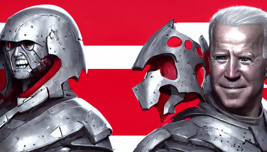 Prompt: unmasked joe biden in white metal armor with red lights in it, white background, hyperdetailed, artstation, cgsociety, 8 k