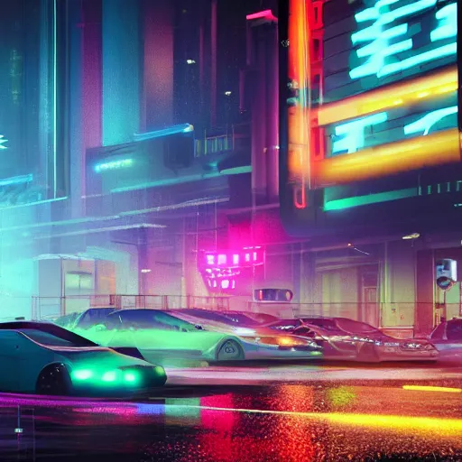 Image similar to digital painting of a futuristic neon city rainy sharp photorealistic octane render, bokeh in the background only