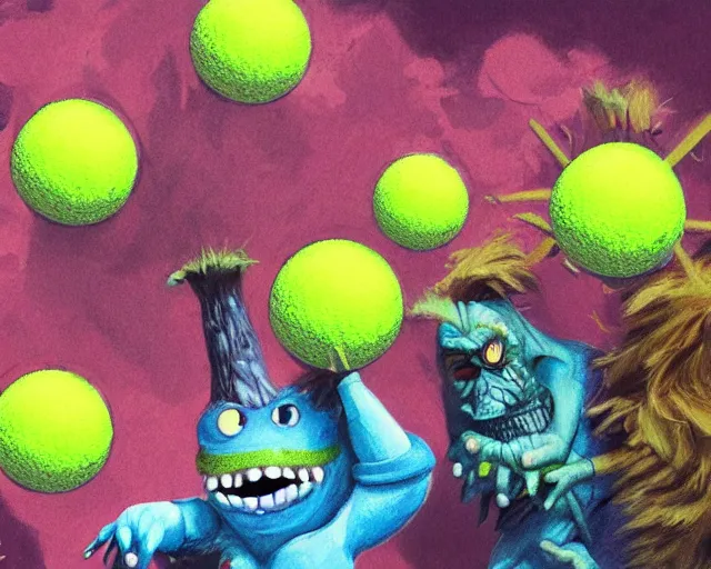 Prompt: tennis ball monsters, theme park, digital art, fantasy, magic, chalk, chalked, trending on artstation, ultra detailed, detailed, fine details, professional illustration by basil gogos