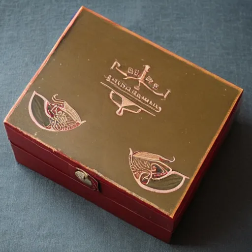 Image similar to vintage gift box for men, stamped with sealing wax, old school, wes anderson style