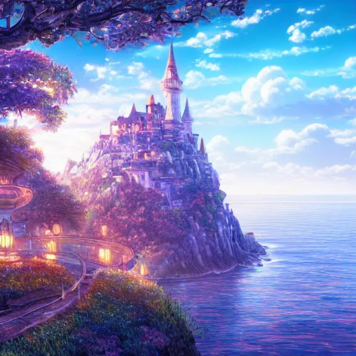 Image similar to the aesthetic view of the beautiful, grand, wistful, dreamy lonely island at dusk, hyperrealistic anime illustration by iralki nadar, colorful, extremely detailed, intricate linework, super sharp focus, bright colors, octopath traveler, studio ghibli, unreal engine 5 highly rendered, global illumination, radiant light, detailed and intricate environment