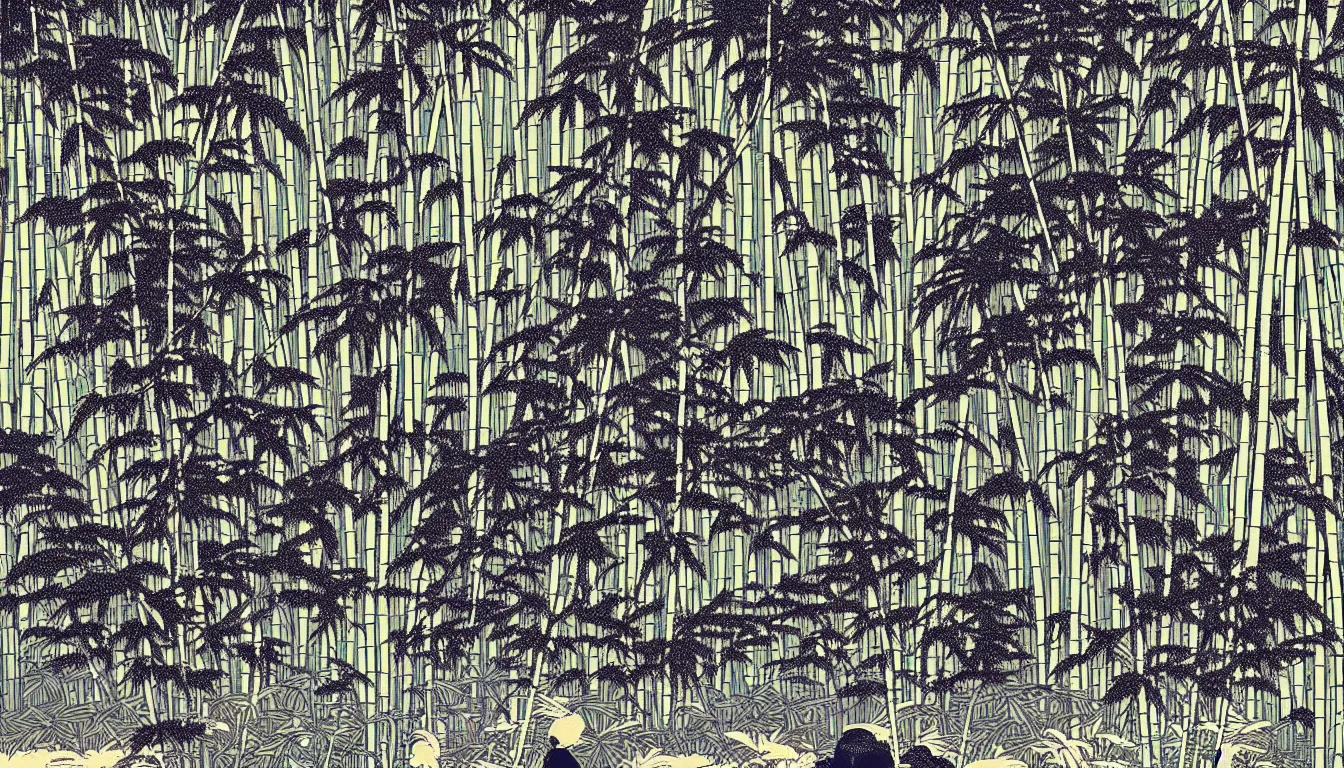 Image similar to bamboo grove with large ferns by woodblock print, nicolas delort, moebius, victo ngai, josan gonzalez, kilian eng