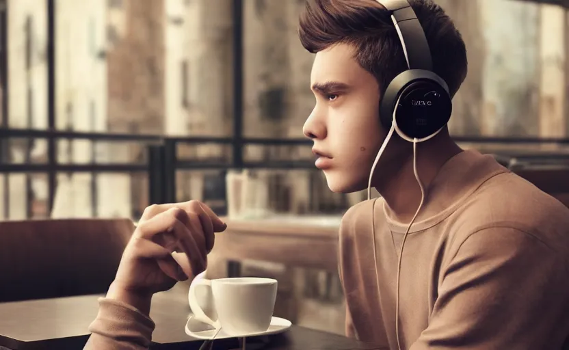 Image similar to a male teenager with headphones in a cafe sitting in front of a table with a coffee, digital painting, masterpiece, digital art, concept art, octane render, unreal engine 5, trending on deviantart, highly detailed, high quality, 4 k, cartoon, high coherence, realistic, anatomically correct, five fingers, relaxing, realistic and detailed face, beautiful, elegant