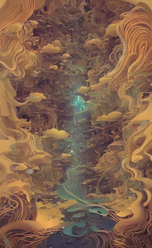 Prompt: surreal architecture. fluid made of wood, peter mohrbacher, fred tomaselli, victo ngai, roger dean