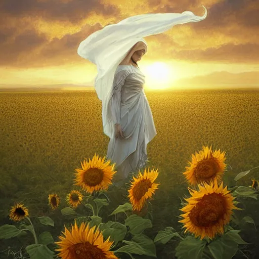 Image similar to Bedsheet Ghost in a field of sunflowers, sunset, highly detailed, digital painting, artstation, concept art, smooth, sharp focus, illustration, art by artgerm and greg rutkowski and alphonse mucha